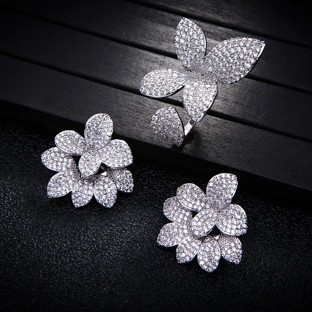 

Luxury Flower Earrings Ring Sets Fashion Dubai Bridal Jewelry Sets For Women Wedding brincos para as mulheres