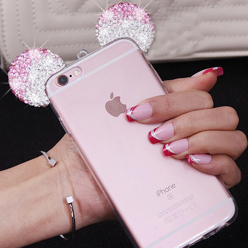 Новые моды 3D Микки Маус Для iPhone 7 6 S 4.7 дюймов Горный Хрусталь уши Мягкий