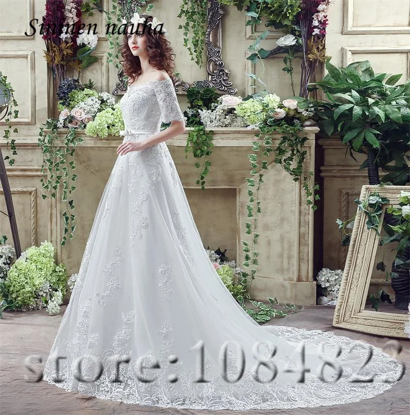 Wedding Dresses Bridal Gowns Off The Shoulder sleeves Appliques A Line Tulle Cheap Dress Vestido De Noiva Robe Mariage 197 | Свадьбы и