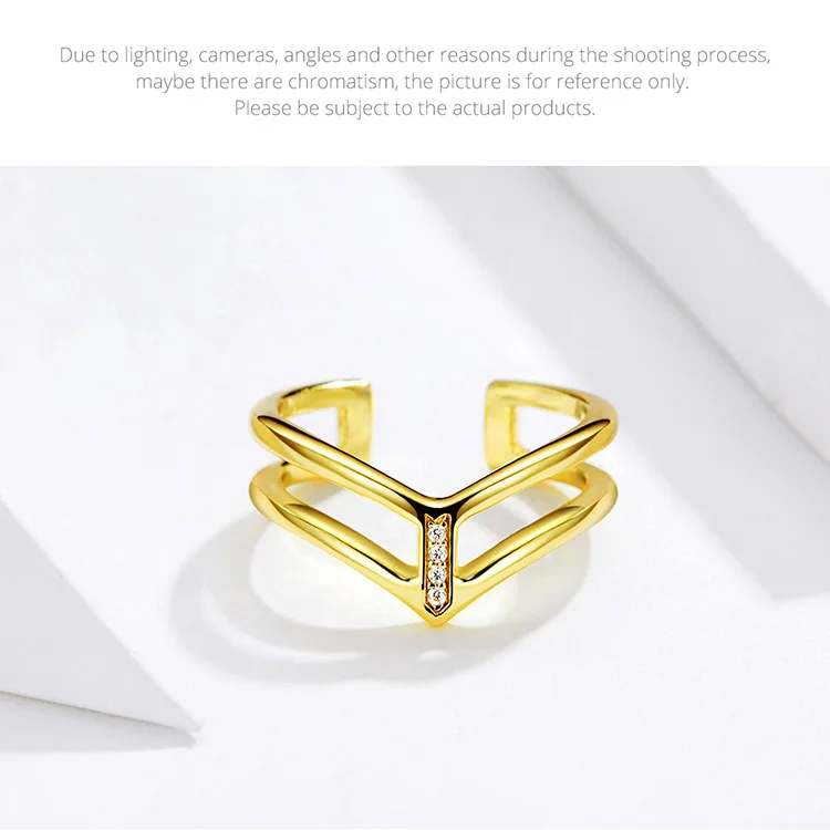 bamoer V shape Double Layer Finger Ring for Women 925 Sterling Silver Gold Color Fashion Korean Style Jewelry BSR040