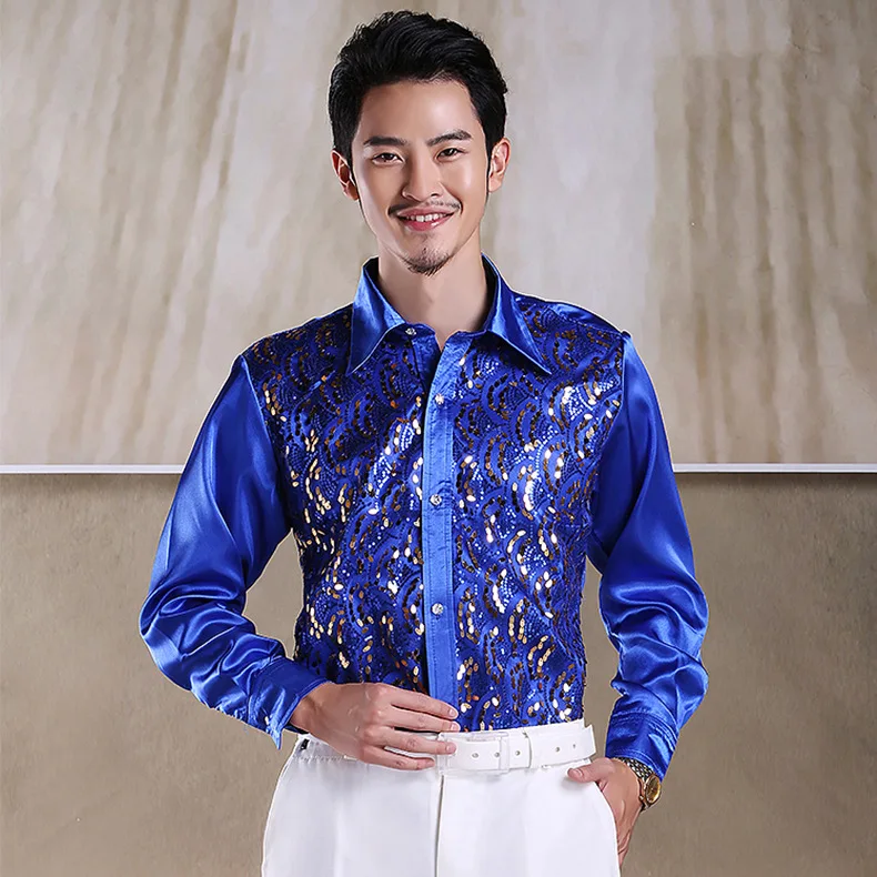 

2017 new fashion Men show Sequins shirt men's stage costume party dance colorful shirt long sleeve chemise homme