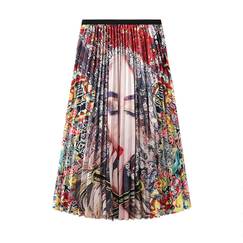 

Женская длинная Плиссированная юбка с мультипликационным принтом, новинка весны-лета 2019, Женская винтажная эластичная длинная юбка макси с...