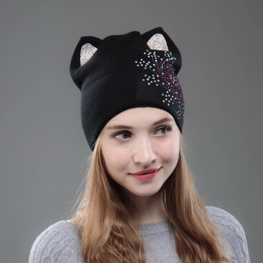 OHCOXOC, дизайн, женские шапочки, Skullies, Милая принцесса, для девочек, Осень-зима, шапка на Рождество, с кошачьими ушками, снежинки, стразы