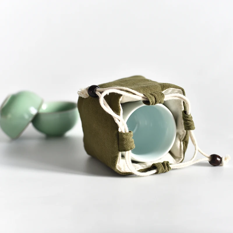 Square Bottom Thicken Linen Jewelry Travel Pouch Cloth Drawstring  Bags Cotton filled Portable Small Cup Tea Set Storage Pouch