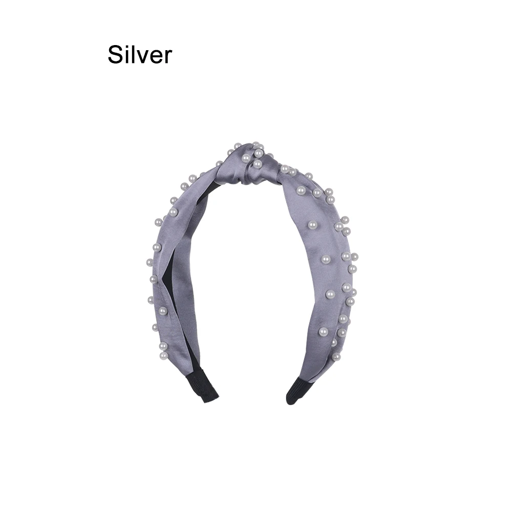 Silver Повязки на голову с бантом для женщин, богемный жемчужный ободок для волос для женщин и девочек, однотонные аксессуары для волос, обруч для волос, тюрбан - Цвет: Silver