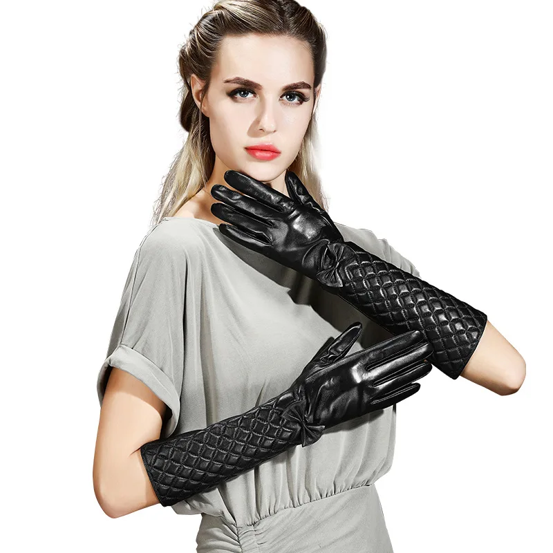 

40cm Long Leather Gloves Women Soft Sheepskin Full Finger Bow Black Gloves Warm Female 100% Genuine Leather Long Gloves S M L