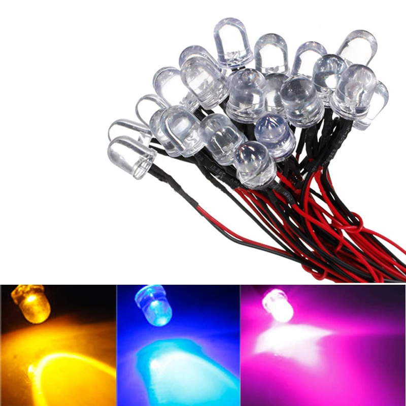50 шт./лот 12 В 20 см LED Предварительно проводной 10 мм желтый/синий/розовый
