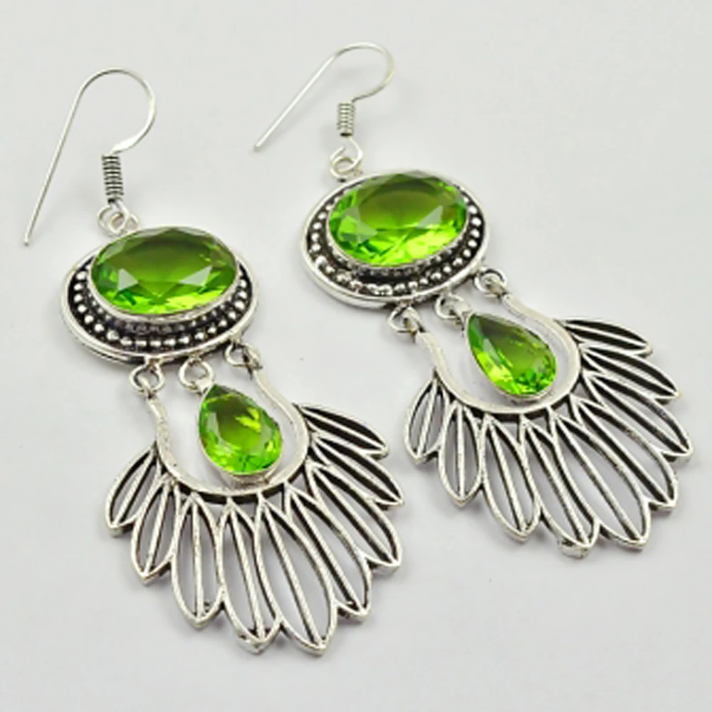 

Peridots Earrings Silver Overlay over Copper, Total Length 73mm , E2974