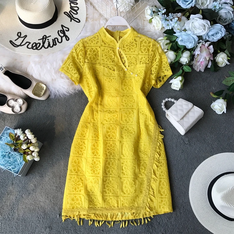 2019 новые модные женские платья летние бисерные Ретро полые пряжки cheongsam Стиль