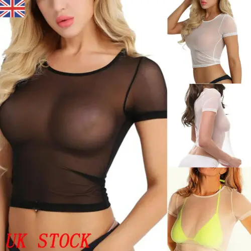Women Sexy Sheer Mesh See-Through Short Sleeve Tops Crop Slim T Shirt Blouse UK | Женская одежда
