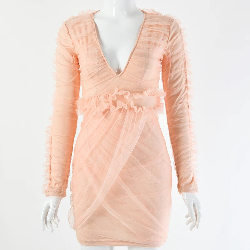 Женское Сетчатое мини платье с оборками облегающее длинным рукавом и глубоким V