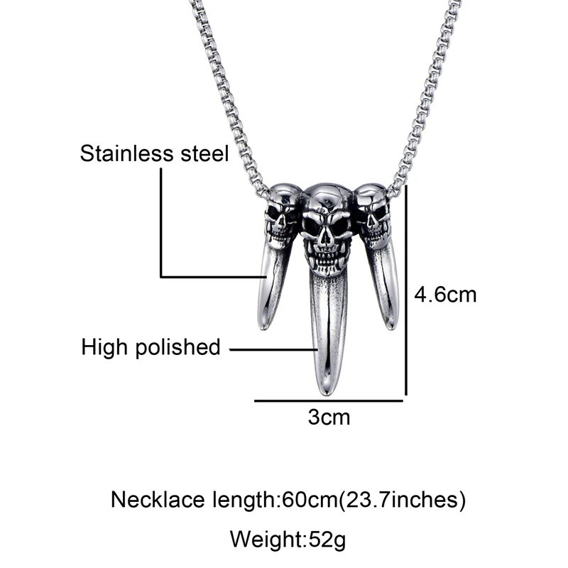 US7 Vintage Punk Skull Pendants Men Stainless Steel Teeth Necklaces Casting Gothic Rock Necklace for Viking Jewelry Gift | Украшения и
