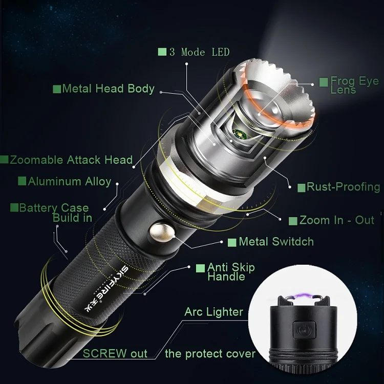 Светодиодный фонарик Arc Lighter с самозащитой Head Head и Zoomable Beam Included Аккумуляторная батарея 18650 и крепление фонарь самооборона фонари фонарики телескопическая дубинка 18650 аккумуляторная батарея