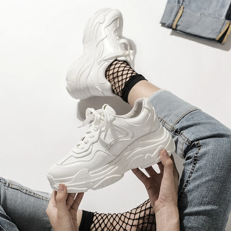 

SWYIVY Chaussures PU Casual Shoes Woman White 2020 Fashion Spring New Platform Sneakers Women Solid Chunky Wedge Shoes For Women