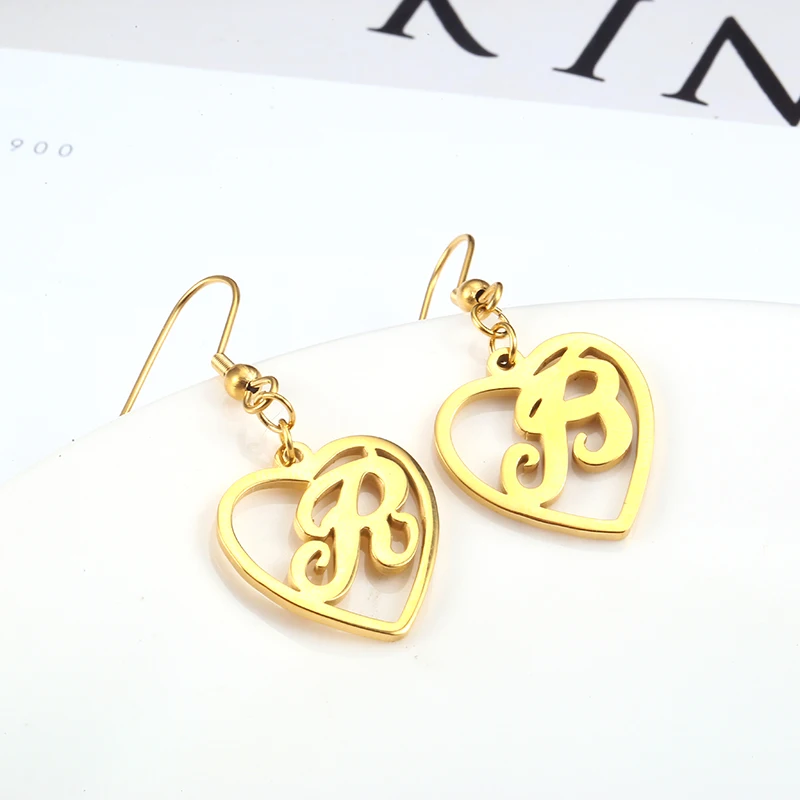 KLDY сердце Висячие серьги для женщин Письмо золото розовое серебро Нержавеющая