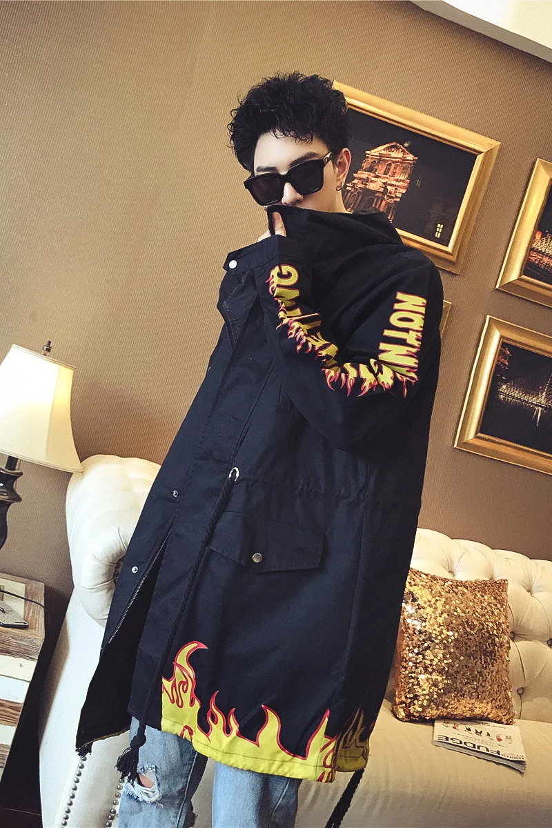 

Men's Korean version of the long style trench coat handsome relaxed hooded autumn leisure wash printed thin jacket