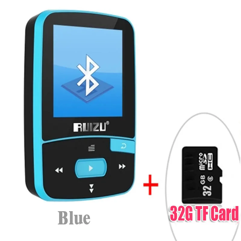 Новое поступление, Спортивный MP3 плеер RUIZU X50 с Bluetooth, 8 ГБ, мини-клип с поддержкой экрана, FM, запись, электронная книга, часы, шагомер - Цвет: BlueWith32GBTFcard