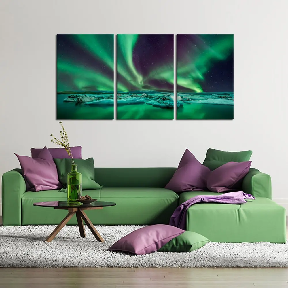 Картина на холсте домашний декор 3 шт. Aurora Borealis исландский лес Северное сияние