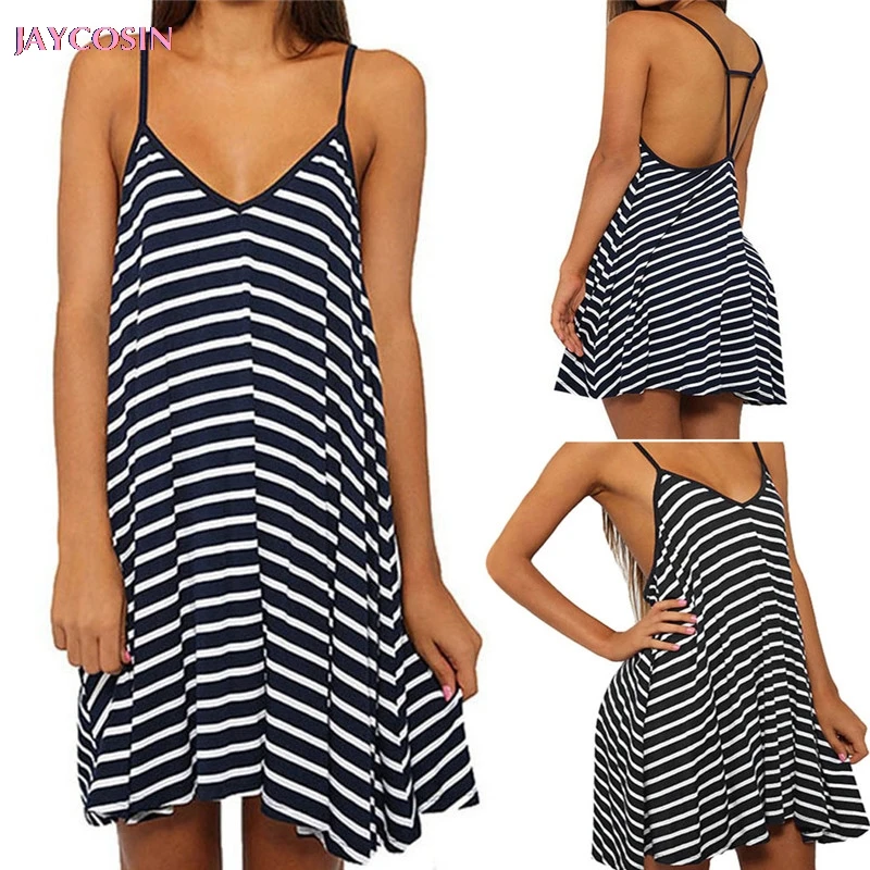 JAYCOSIN 2019 женское летнее повседневное Хлопковое платье в полоску с открытой спиной