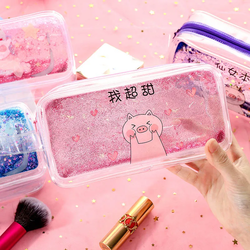 Милый прозрачный чехол карандаш Kawaii блестящий с масляной ручкой вместительная