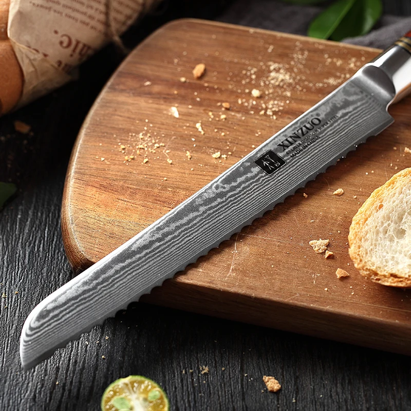 XINZUO 8 ''зубчатый нож из дамасской стали для резки хлеба, сыра, тостов, кухонный нож из нержавеющей стали с ручкой из палисандра, подарочная коробка