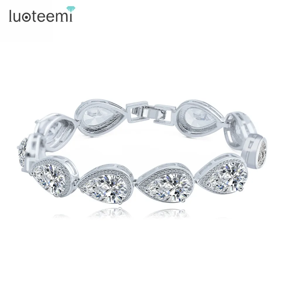 

LUOTEEMI Fashion 2017 2Color Elegant Women Water Drop Shaped Statement White gold Color Cubic Zirconia Tennis Bracelet For Women