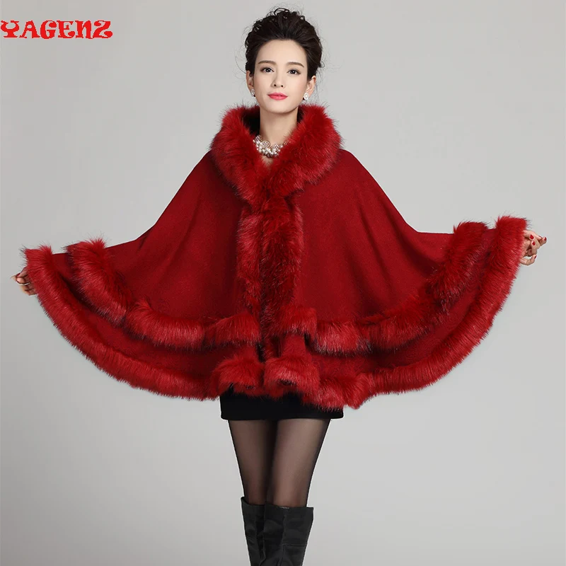 Женское пончо из искусственного лисьего меха длинное шерстяное кашемировое