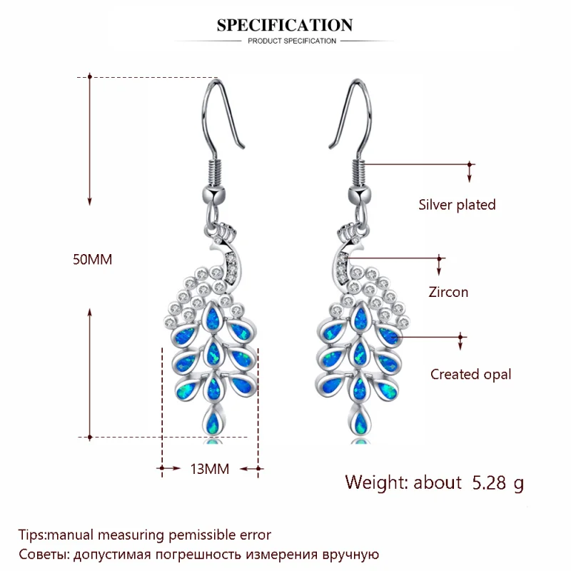 ROLILASON The new peacock design is for ladies wedding gift blue Fire Opal Silver Drop Earrings Fashion Jewelry OE703 | Украшения и