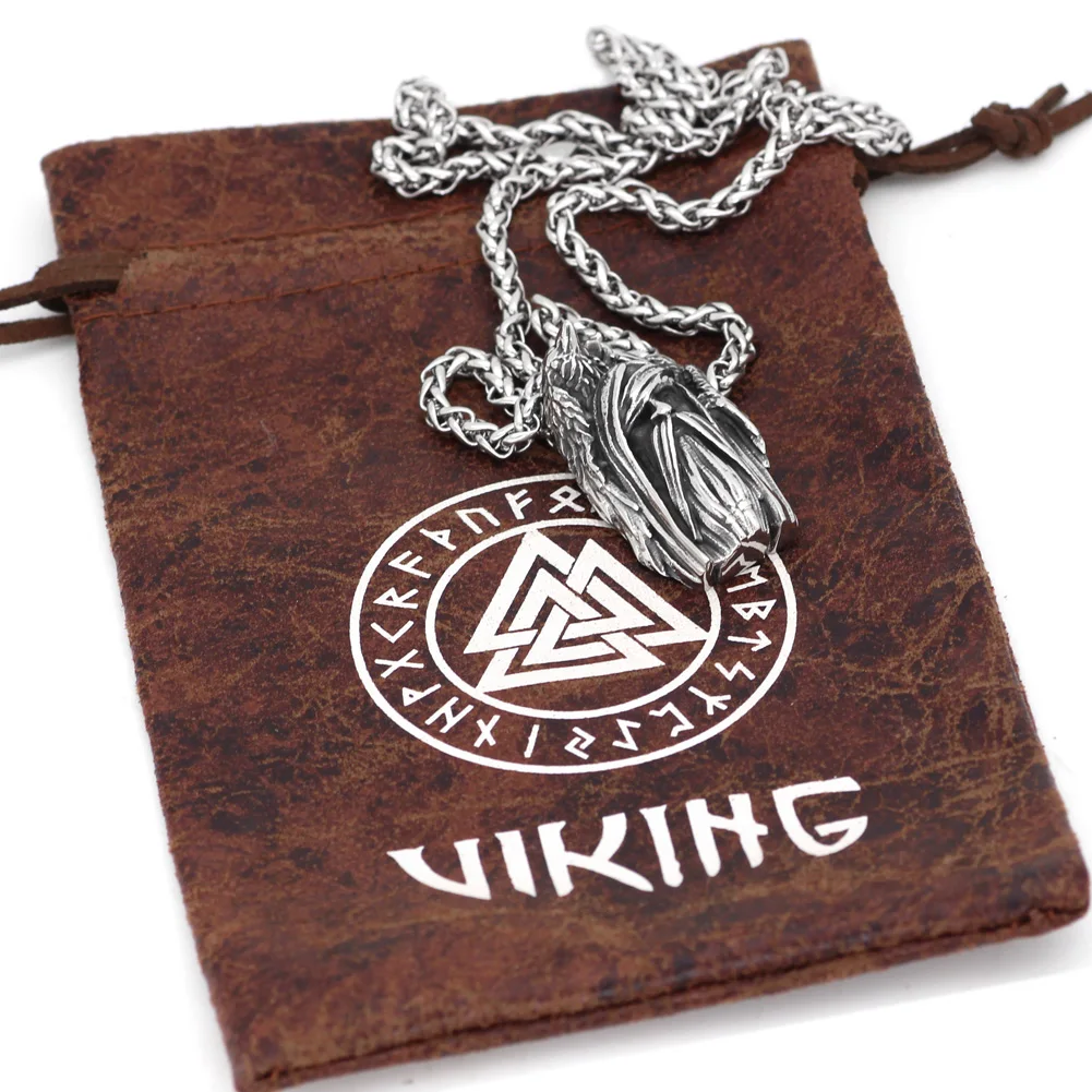 Nordic Viking amulet odin face wolf Geri and Freki Amulet Stainless Steel Necklace with Valknut Rune Gift Bag | Украшения и
