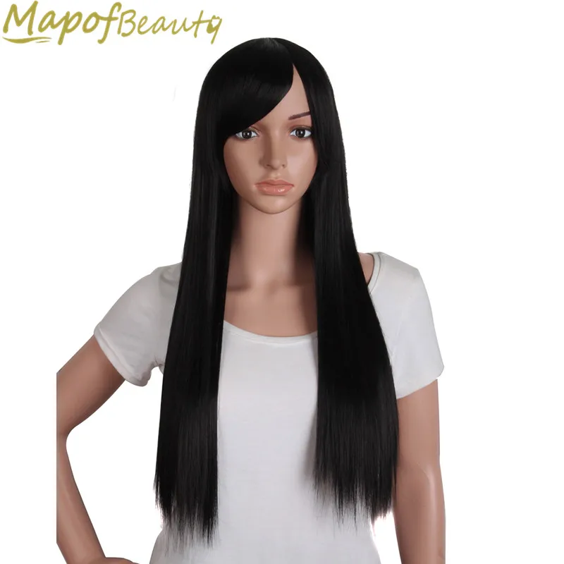 28 &quotдлинные прямые синтетические парики с челкой черный светло темно коричневый