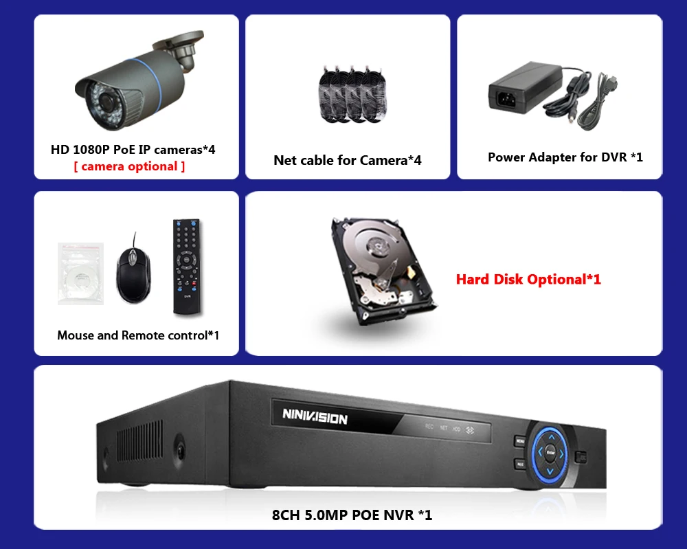 NINIVISION 1080 P HD CCTV Камера Системы 8CH POE NVR 2MP Крытый Открытый 4 шт безопасности IP Камера P2P видеонаблюдения Системы комплект