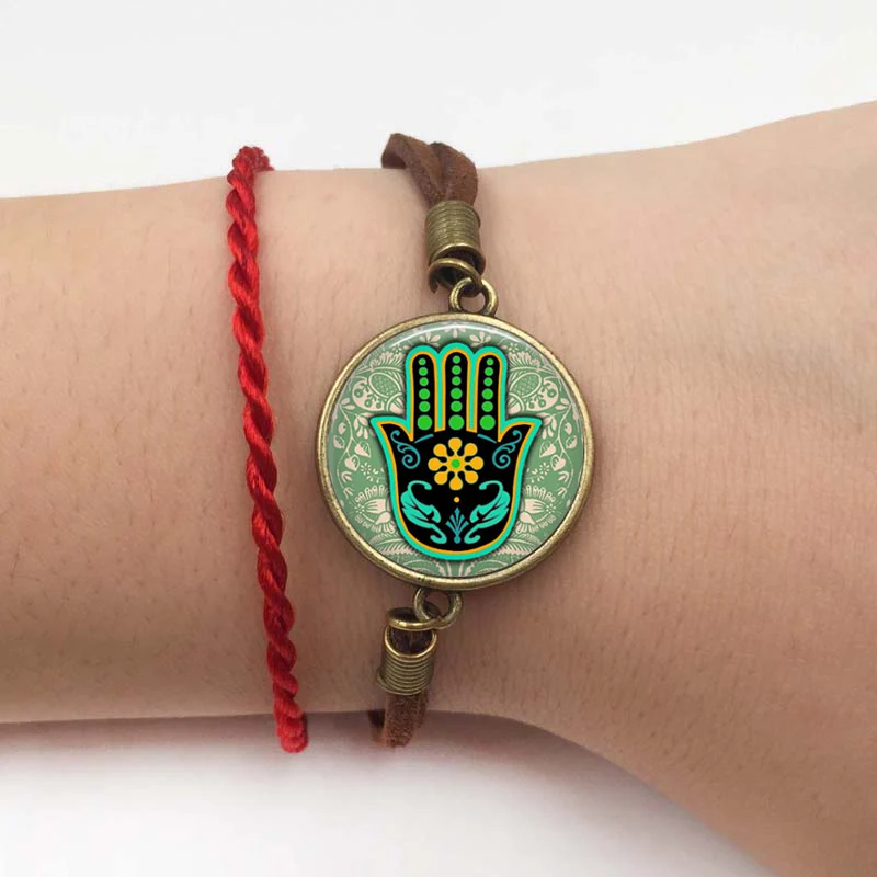 Bracelet 20mm Зеленый Хамса ручная Мощность ожерелье со стеклянной подвеской Ом, дзен, стеклянный цветок хна искусство кулон ожерелье s для женщин ювелирные изделия - Окраска металла: Bracelet 20mm