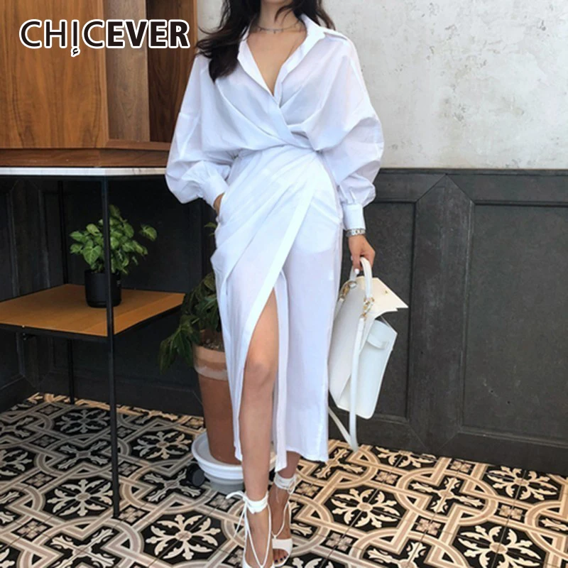 CHICEVER, однотонное платье на шнуровке с высокой талией для женщин, с разрезом, с рукавом-фонариком, тонкие летние платья, женская одежда, модная Корейская Новинка