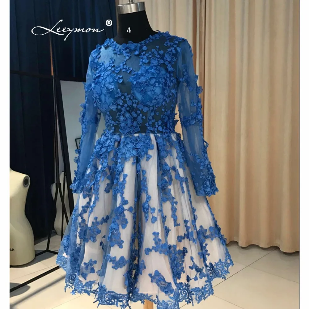 Королевский Синий С Длинными Рукавами Короткое Коктейльное Платье 2017 Длина До