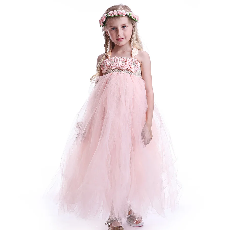 Girls Princess Peach Flowers Tutu Dress 2018 Summer Children Floral Bridesmaid Wedding Ball Gown Baby Birthday TUTU Clothing | Детская