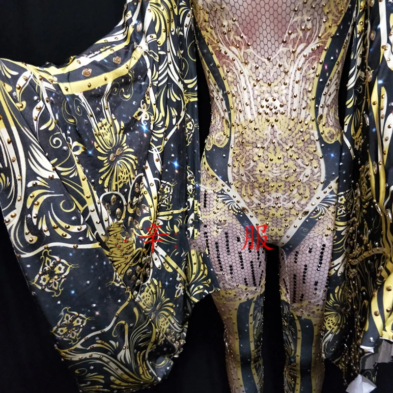 Модный черный желтый комбинезон Женский праздничный костюм со стразами Женское