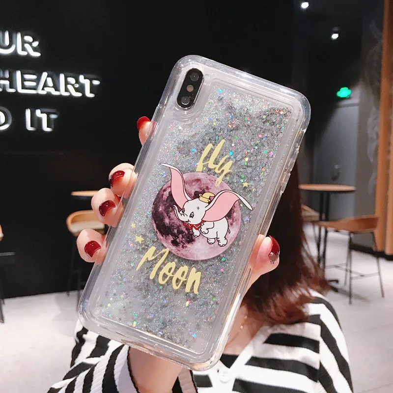 Cartoon Fly Moon Dumbo Elephant Glitter Phone Case for Iphone X XR XS MAX 6 6S 7 8 Plus Dynamic Quicksand Liquid Soft Back Cover |