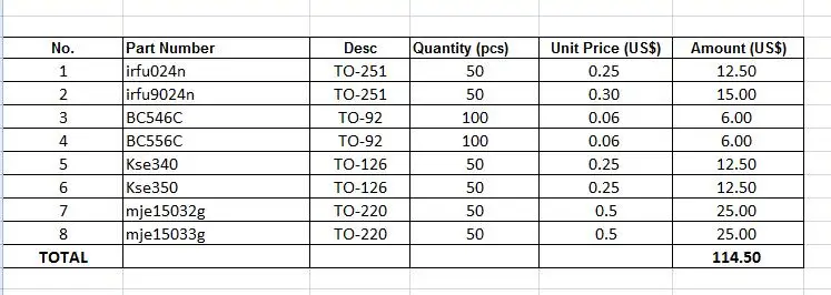 

Irfu024n irfu9024n BC546C BC556C Kse340 Kse350 mje15032g mje15033g