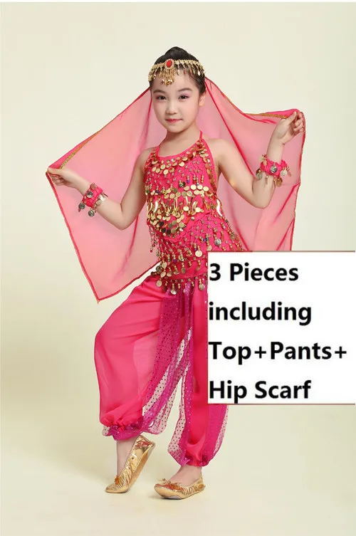 Hot pink 3 pieces Детский набор костюма для танца живота Дети танец живота девушки Болливуд индийские костюмы для выступлений - Цвет: Hot pink 3 pieces