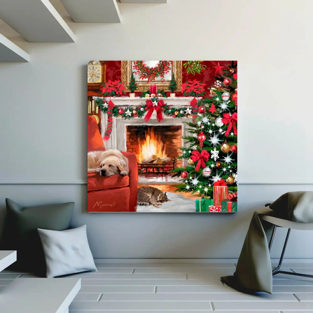 

Christmas Decorations for Home The Warm Fireplace Sleeping Dog and Cat Art Wall Pictures for Living Room Canvas Painting Gift