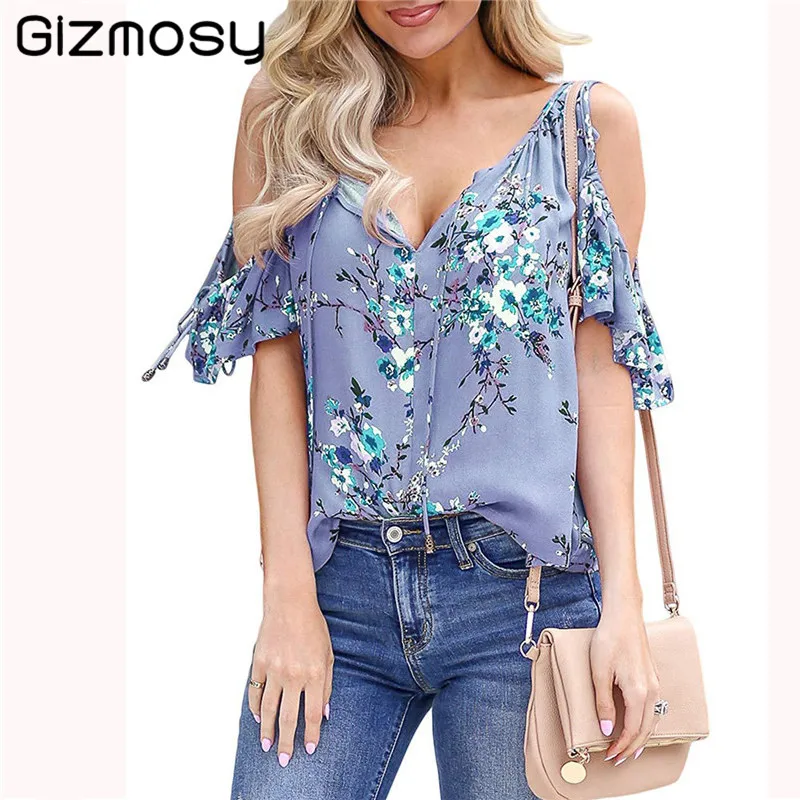 Женская хлопковая футболка с коротким рукавом V образным вырезом и цветочным