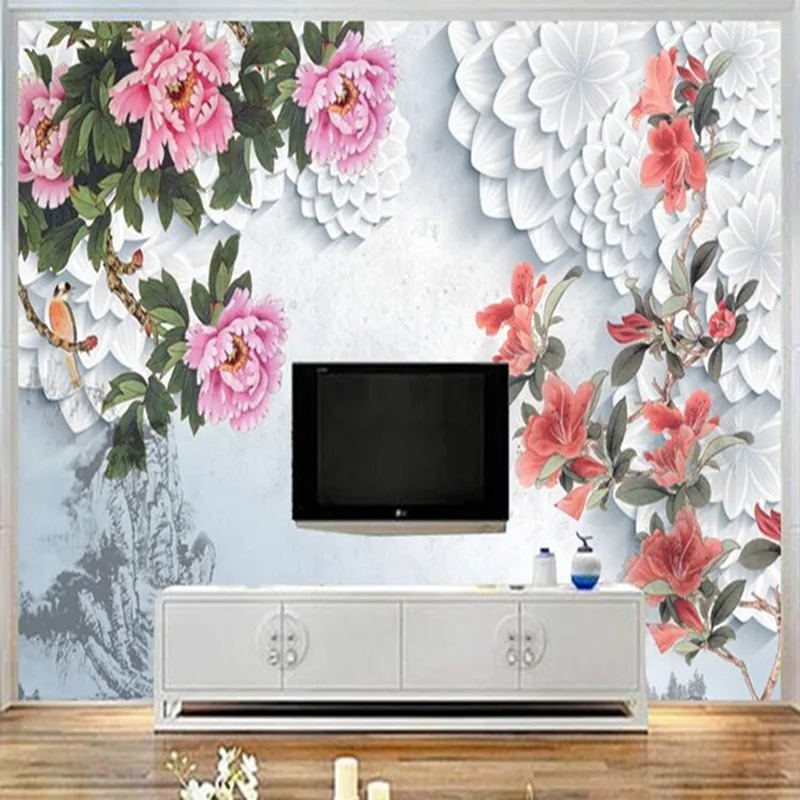 

Modern Luxury 3D Wallpapers Relief Pink Flowers Photo Wall Papers Home Decor Walls Murals For Living Room Bedrooms TV Background