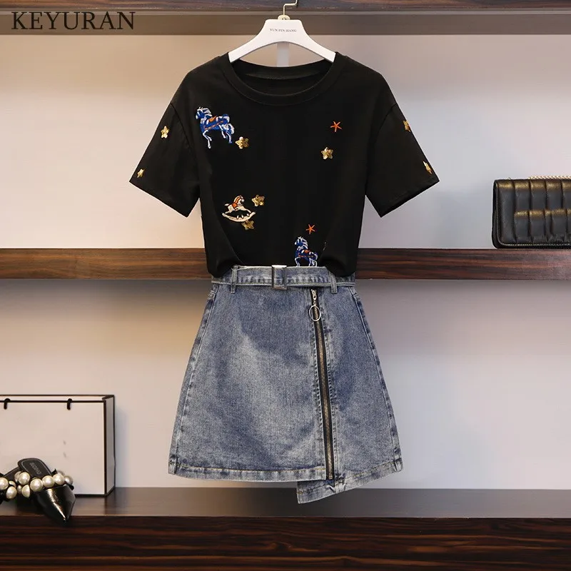 Для женщин лошадь узор вышивки звезды блестки черный белый цвет футболки + синий