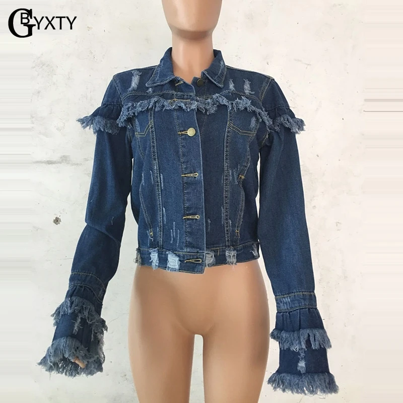 GBTXTY chaqueta jeans mujer женская новая короткая джинсовая куртка с бахромой в стиле панк
