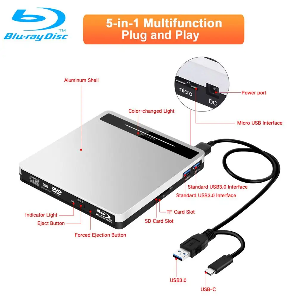 5 в 1 Blu Ray диск внешний blu ray Player горелки для ноутбука MacBook/Windows/ПК поддерживает карты
