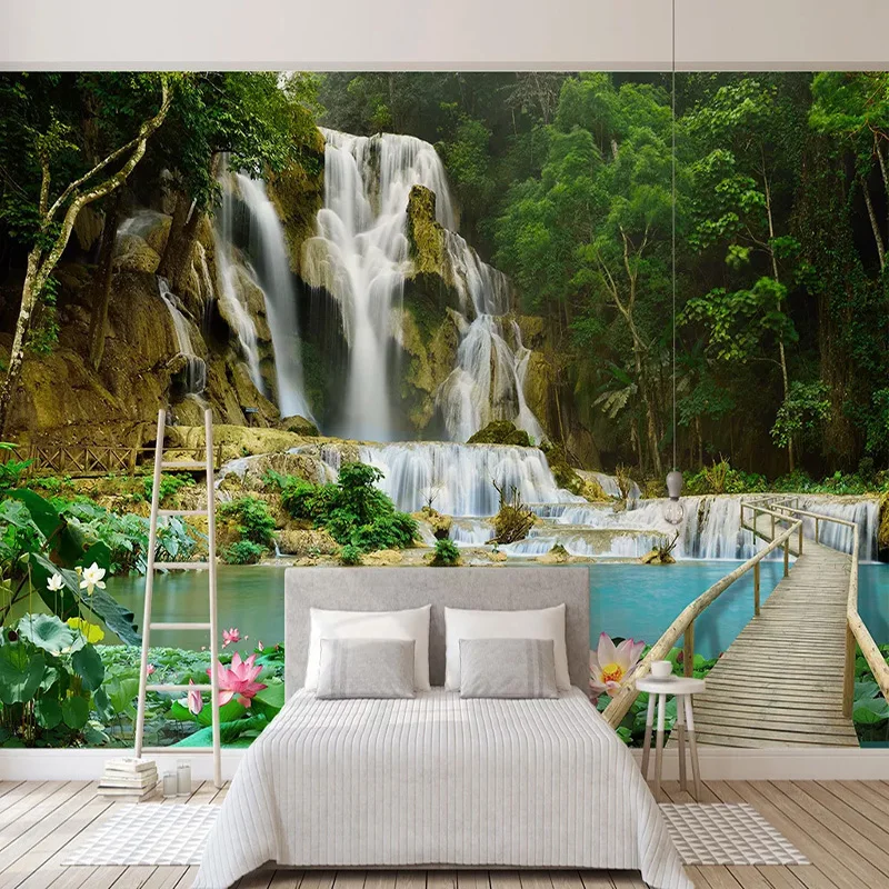 

Custom Any Size Mural Wallpaper 3D Forest Waterfall Scenery Wall Painting Living Room TV Sofa Self-Adhesive Waterproof Stickers