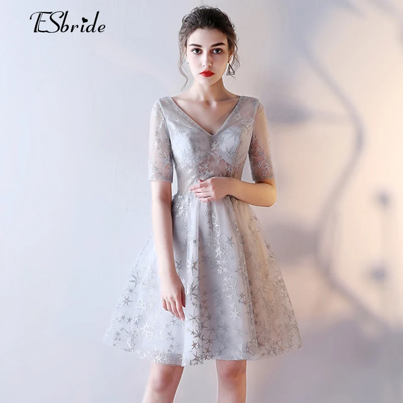 2017 серебряный цвет двойной v короткие платья выпускного вечера одеяние де вечер