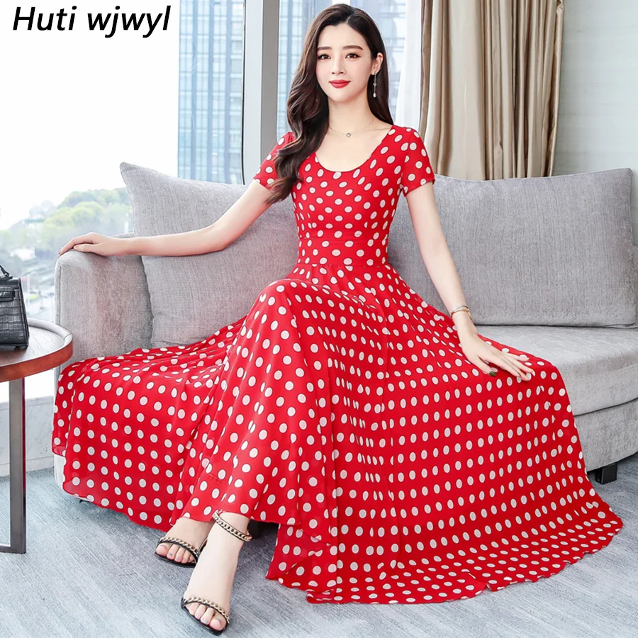 Новинка 2019 винтажное шифоновое платье в горошек бохо макси сарафан размера плюс пляжный отдых миди летние