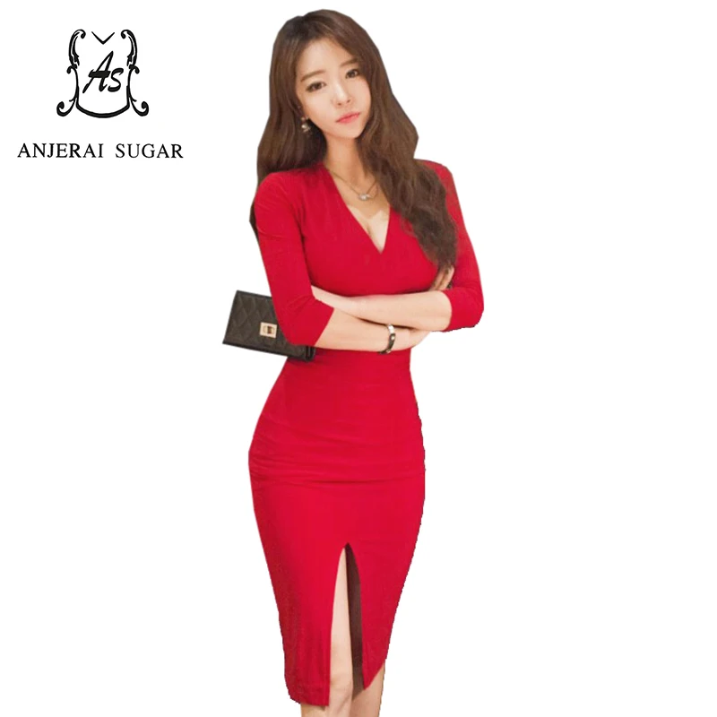 Осенне-зимние женские платье черный красный цвет v-образным вырезом тонкая талия