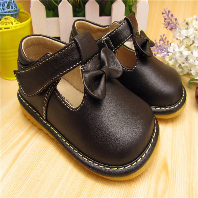 Spring Autumn Baby Shoes Girl Squeaky Black Butterfly-knot Leather |